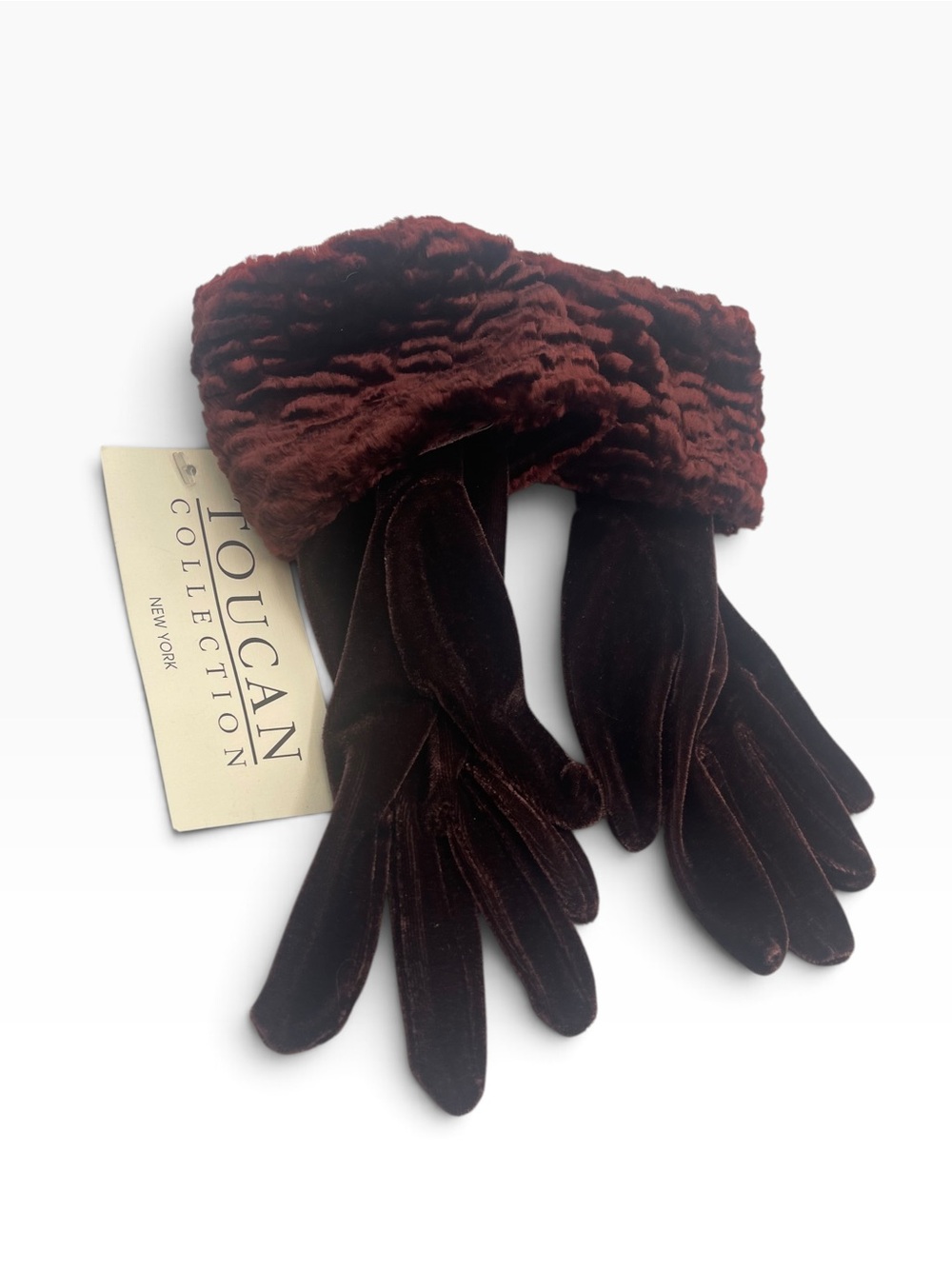 Vintage Toucan Collection NY Velvet Gloves Faux Fur Cuffs Burgundy Maroon OS